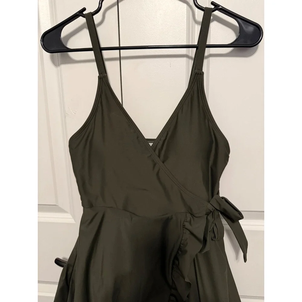 SHEKINI Women Olive Green Wrap Ruffle Swim Dress Tunic M - Picture 4 of 12